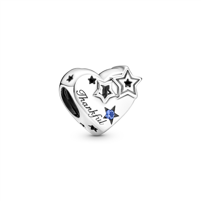 Thankful Heart Silver Charm w Stellar Blue Crystal