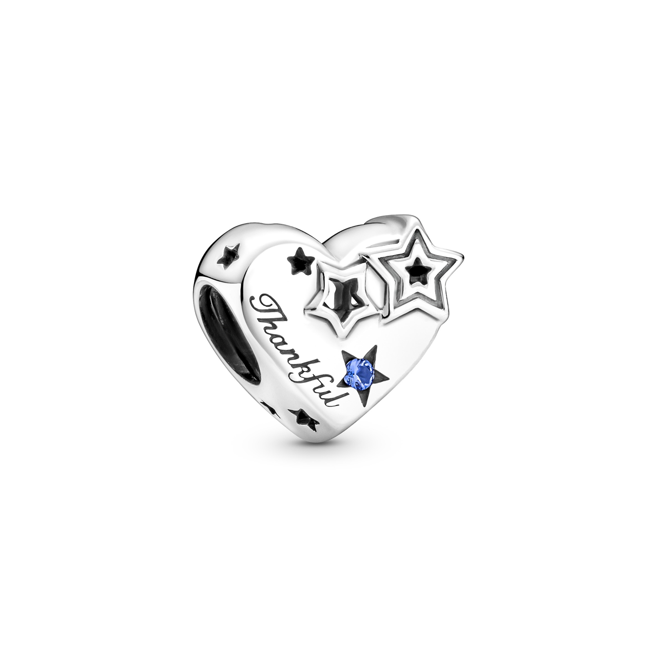 Thankful Heart Silver Charm w Stellar Blue Crystal