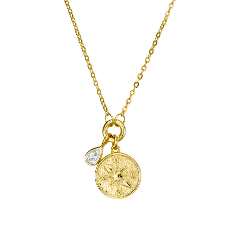 Premium plated brass compass & teardrop CZ pendant necklace