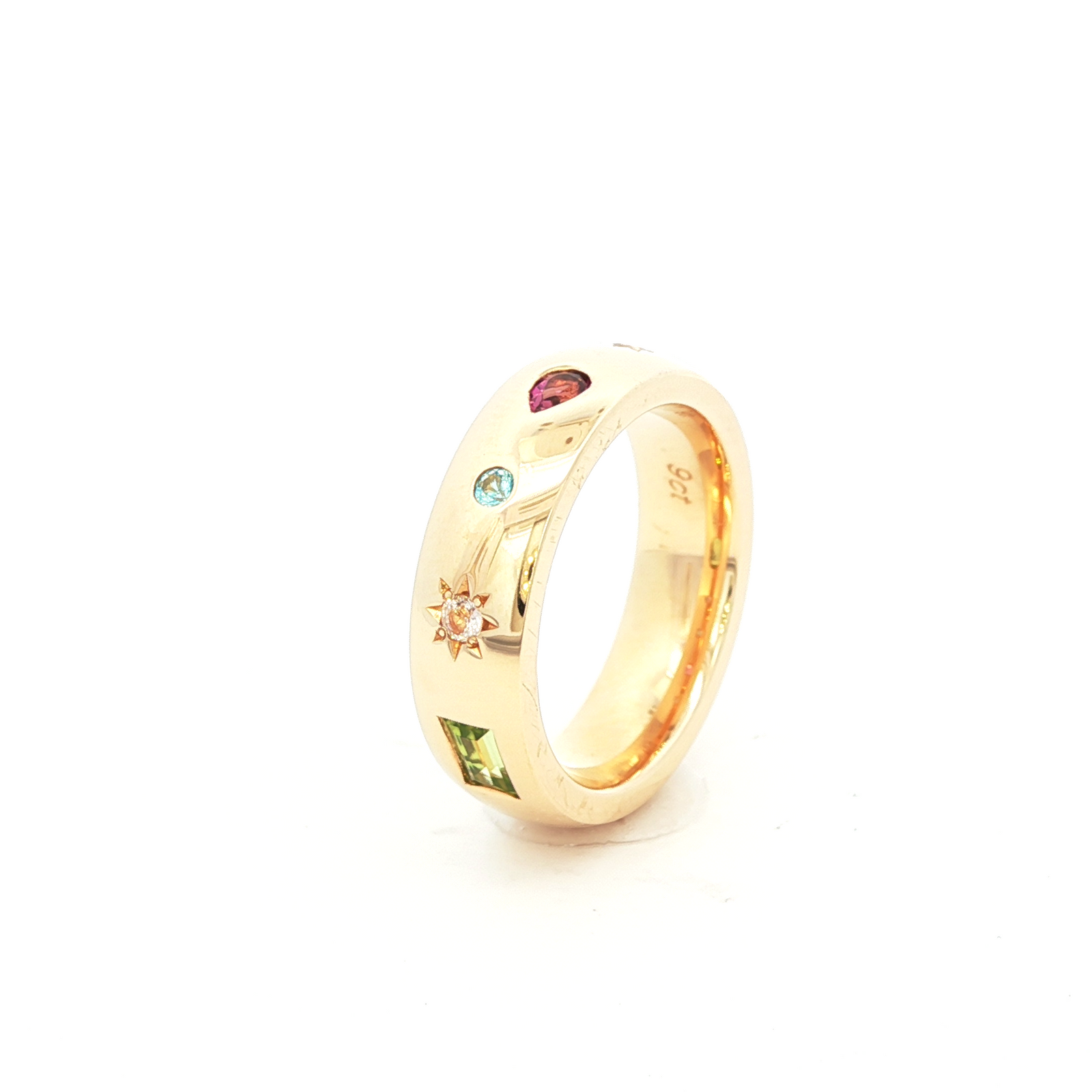 Morganite, Blue Topaz and Pink Tourmaline Dress Ring in Yellow Gold