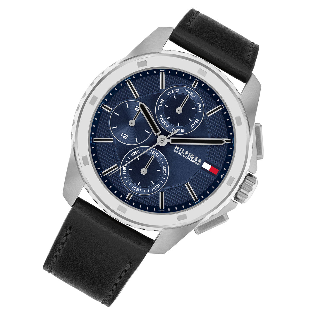 Tommy Hilfiger Black Leather Navy Dial Multi-function Men's Watch