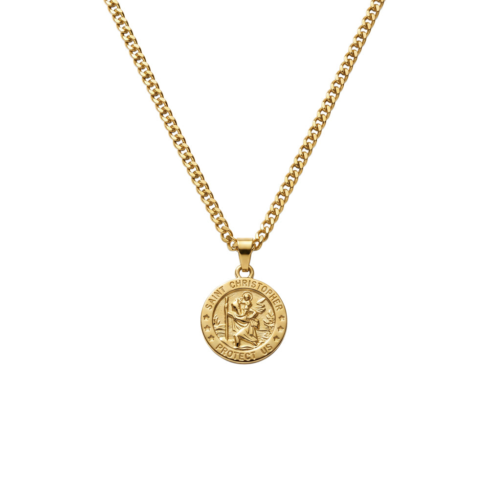 Shiny Finish Cuban Chain with St Christopher Medallion Pendant Necklace