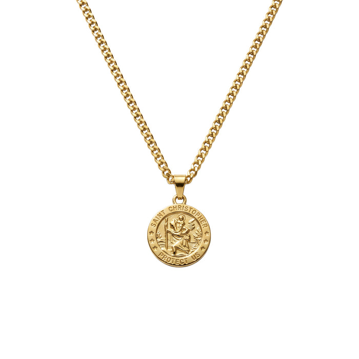 Shiny Finish Cuban Chain with St Christopher Medallion Pendant Necklace