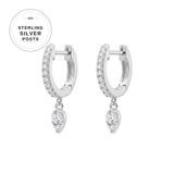 Premium Plated Brass CZ Teardrop Charm Huggie Earrings with Sterling Silver Posts