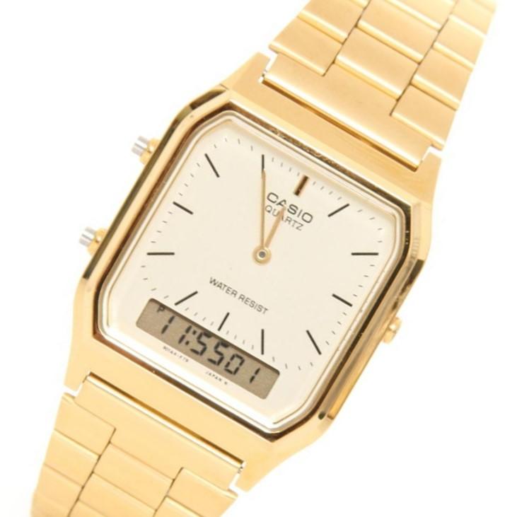 Casio AQ230GA-9D Men's Analog Digital Dual Time Gold Tone Metal Band Watch