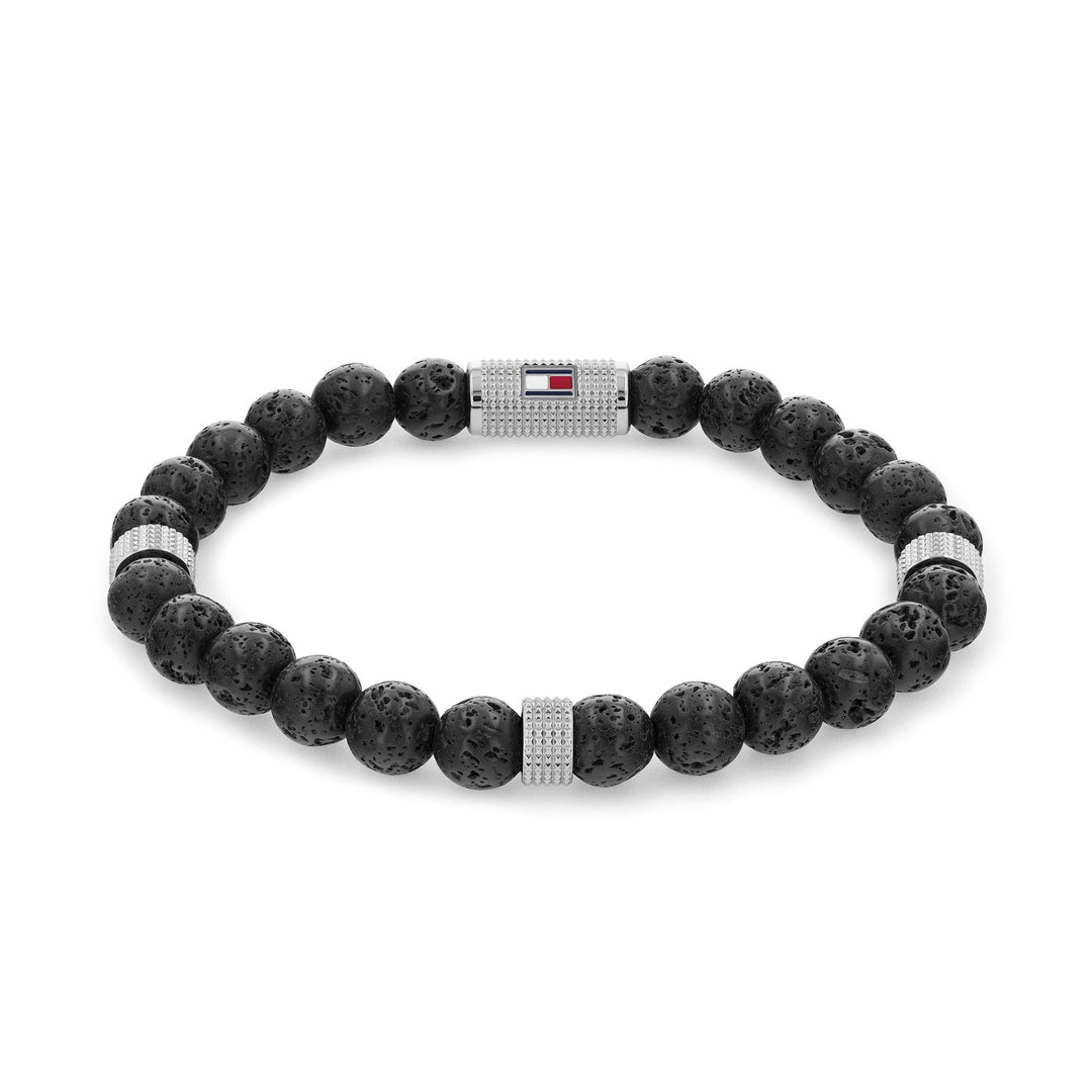 Tommy Hilfiger Jewellery Stainless Steel &amp; Black Lava Bead &amp; Black Elastic Rope Men&#39;s Stone Bracelet