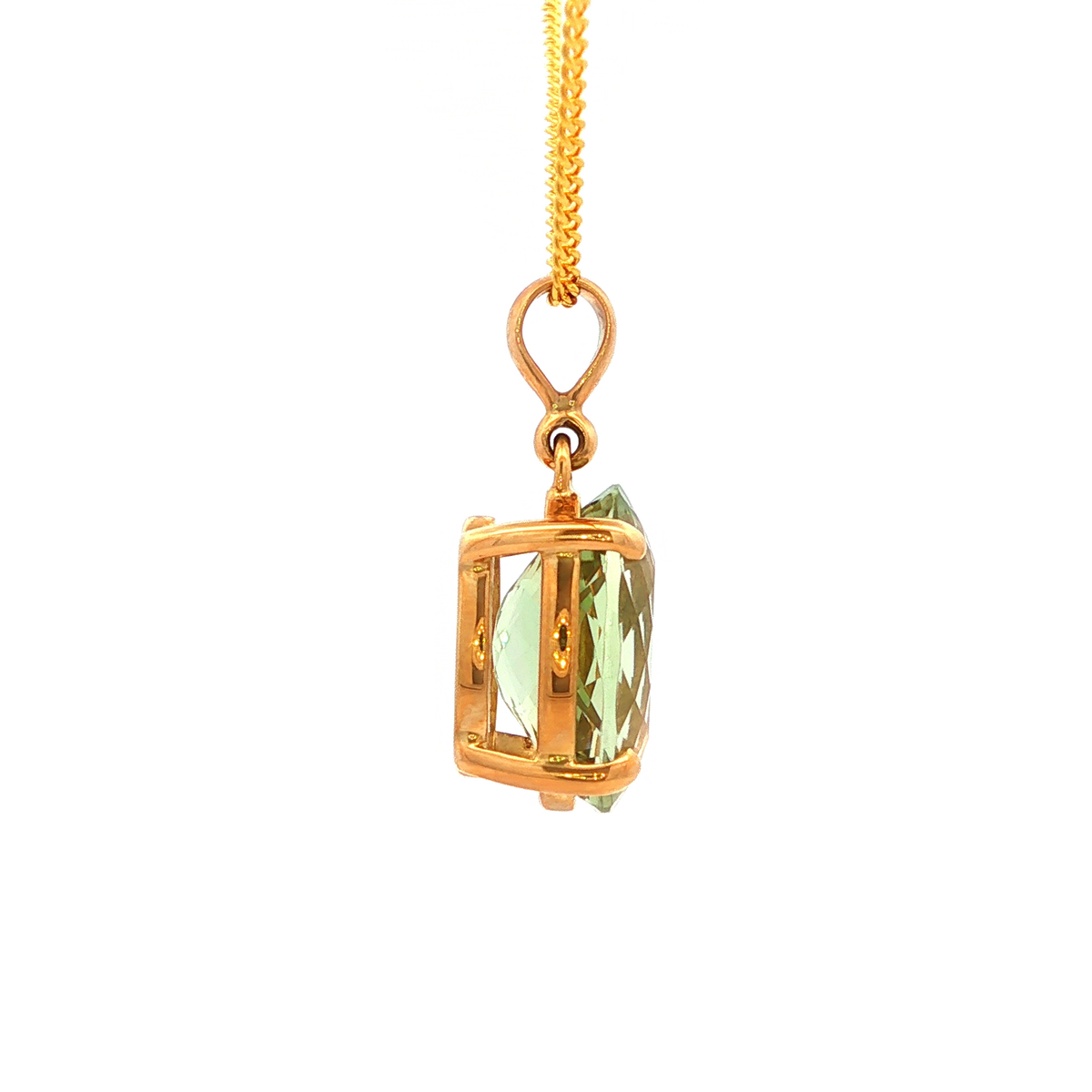 Oval Faceted Green Amethyst Pendant in Yellow Gold