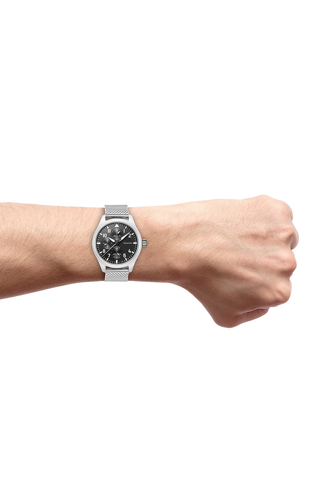 Black Coloured Oozoo Watch with Silver Coloured Metal Mesh Bracelet