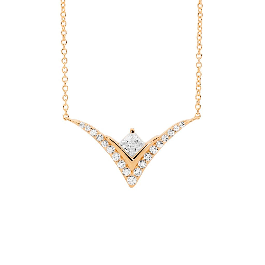 Ellani Princess Cut Cubic Zirconia Wishbone Necklace in Sterling Silver