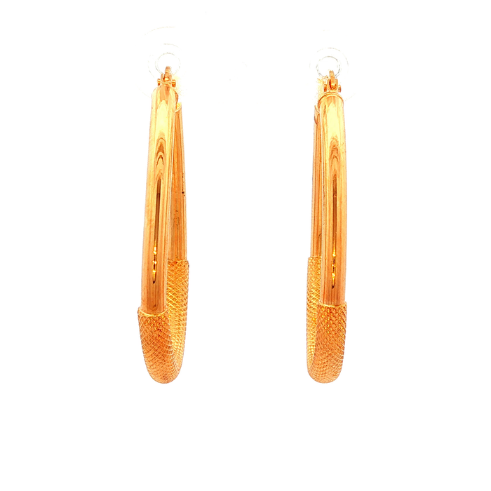 Tear Drop Hoop Earrings with Mesh Etching in Yellow Gold