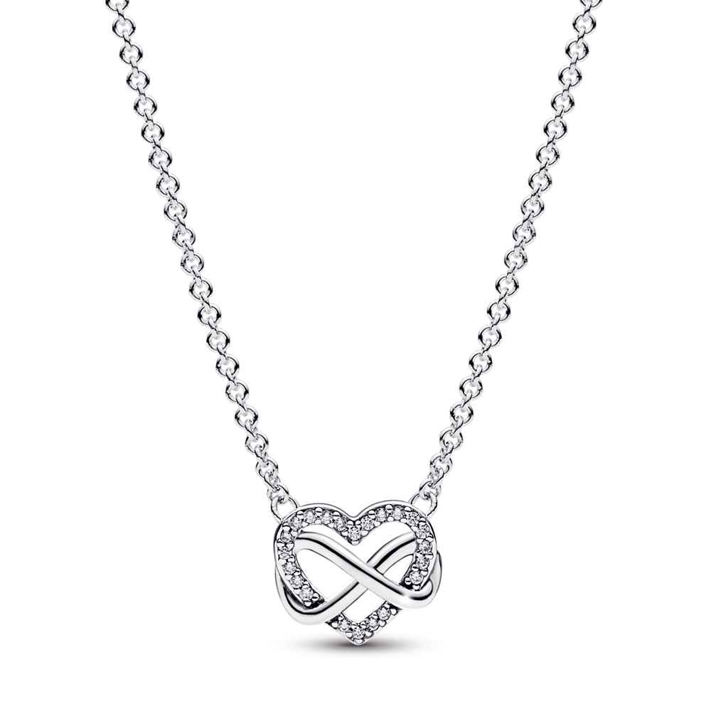 Infinity heart sterling silver necklace with clear cubic zirconia