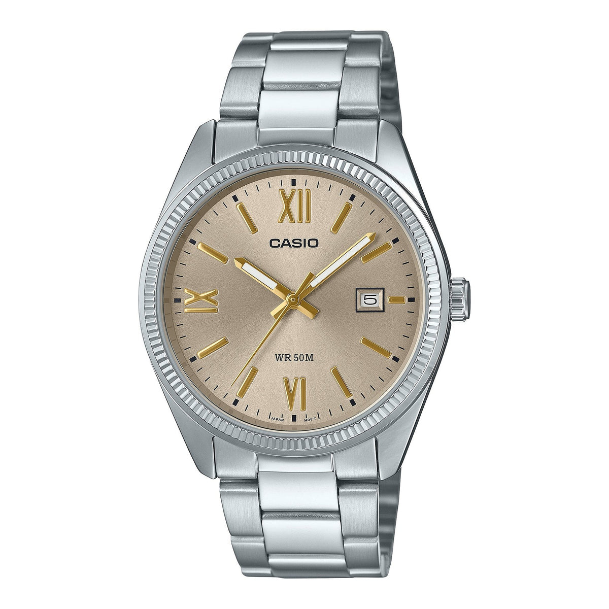 Casio Gents Analogue Date Disp Gold Face S/Steel Band