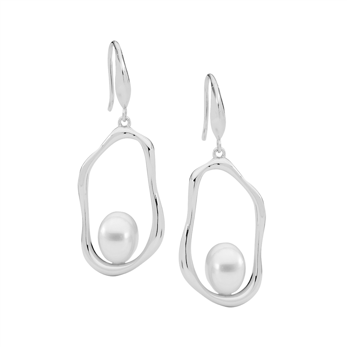 Ellani SS Open Oval Earrings W/ Freshwater Pearl On Shp/Hook