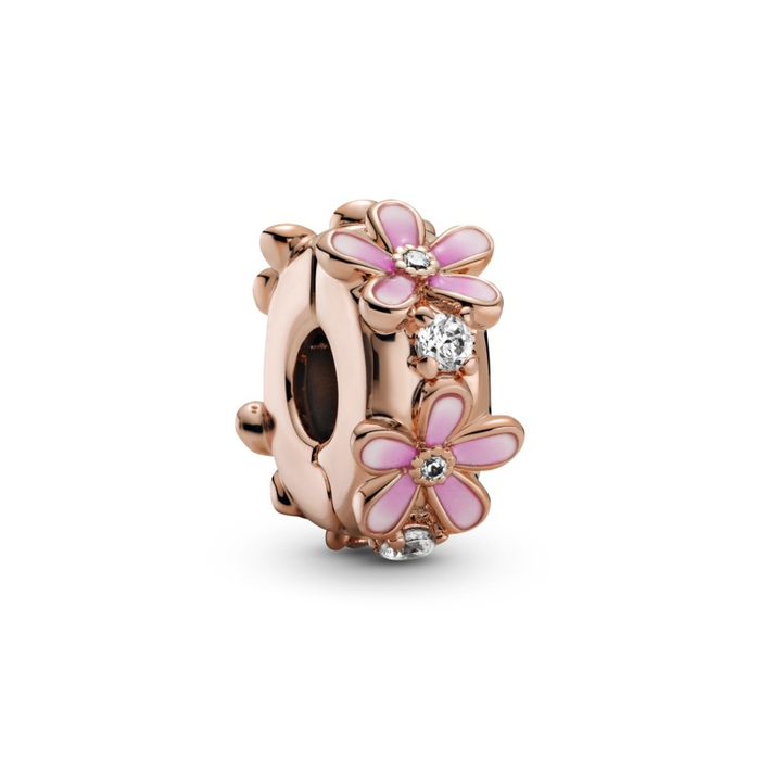 Pandora Rose Pink Daisy Spacer Clip w Pink Enamel & CZ