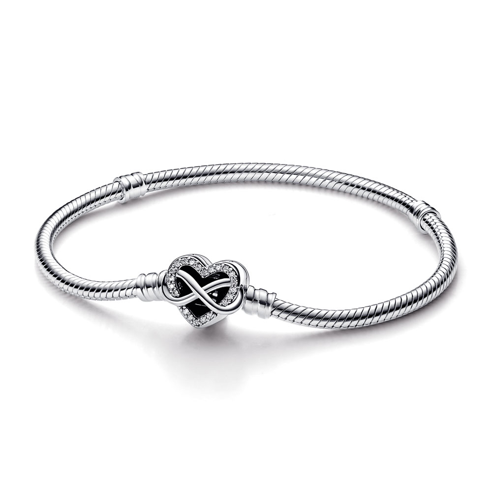 Pandora Snake chain sterling silver bracelet with infinity heart clasp with clear cubic zirconia