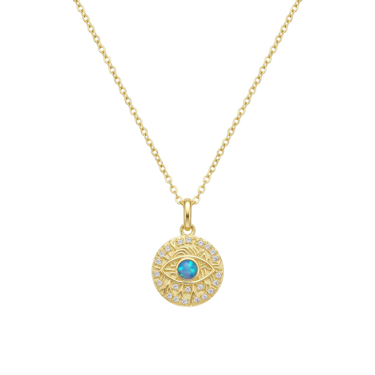 Premium Plated Brass CZ and Opalite Evil Eye Disc Pendant Necklace