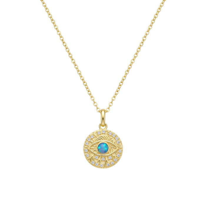 Premium Plated Brass CZ and Opalite Evil Eye Disc Pendant Necklace