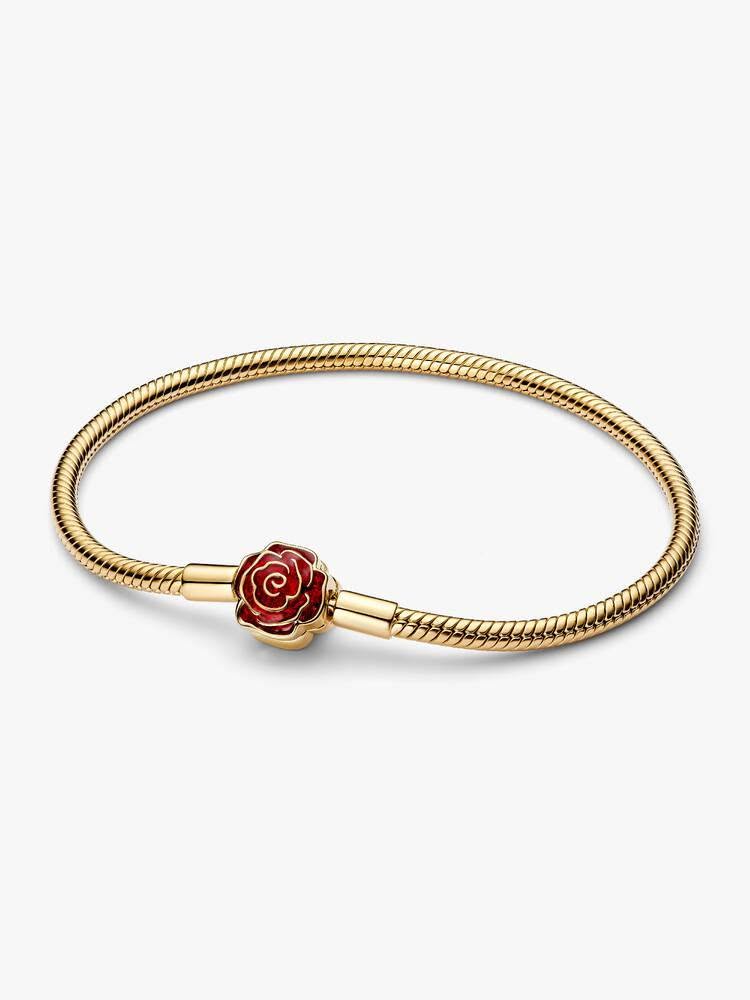 Disney Beauty & The Beast snake chain 14k gold-plated bracelet with rose clasp and holo glittery red enamel