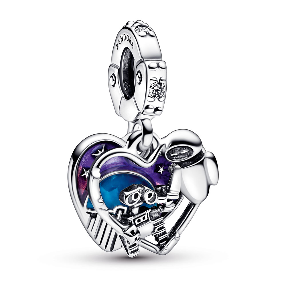 Disney Wall-E and Eve heart sterling silver double dangle with clear cubic zirconia, shaded purple to pink and blue glow in the dark enamel