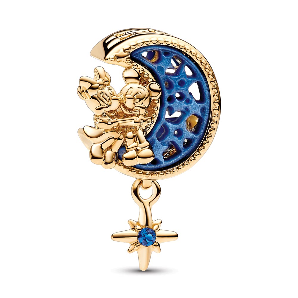 Disney Mickey and Minnie on the moon 14k gold-plated charm with true blue crystal and blue bioresin man-made mother of pearl