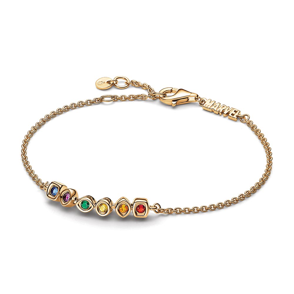 Pandora Marvel 14k gold-plated bracelet with red, orange, yellow, green, purple and blue crystal