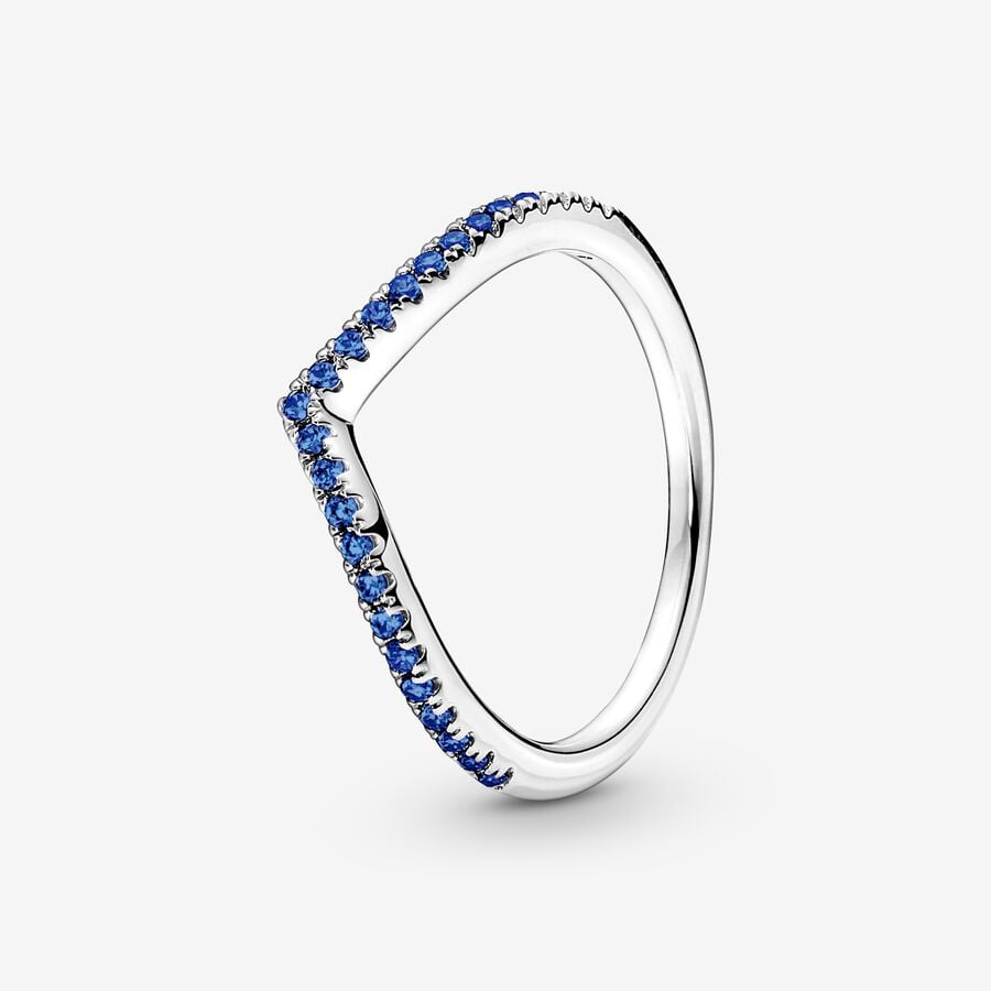 Wishbone sterling silver ring with stellar blue crystal