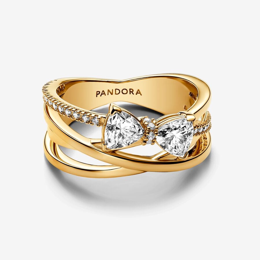 Bow 14k gold-plated ring with clear cubic zirconia