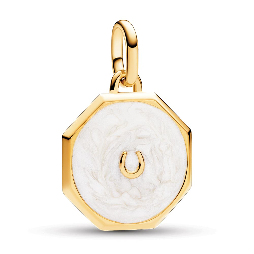 Horseshoe 14k gold-plated medallion with shimmering white enamel