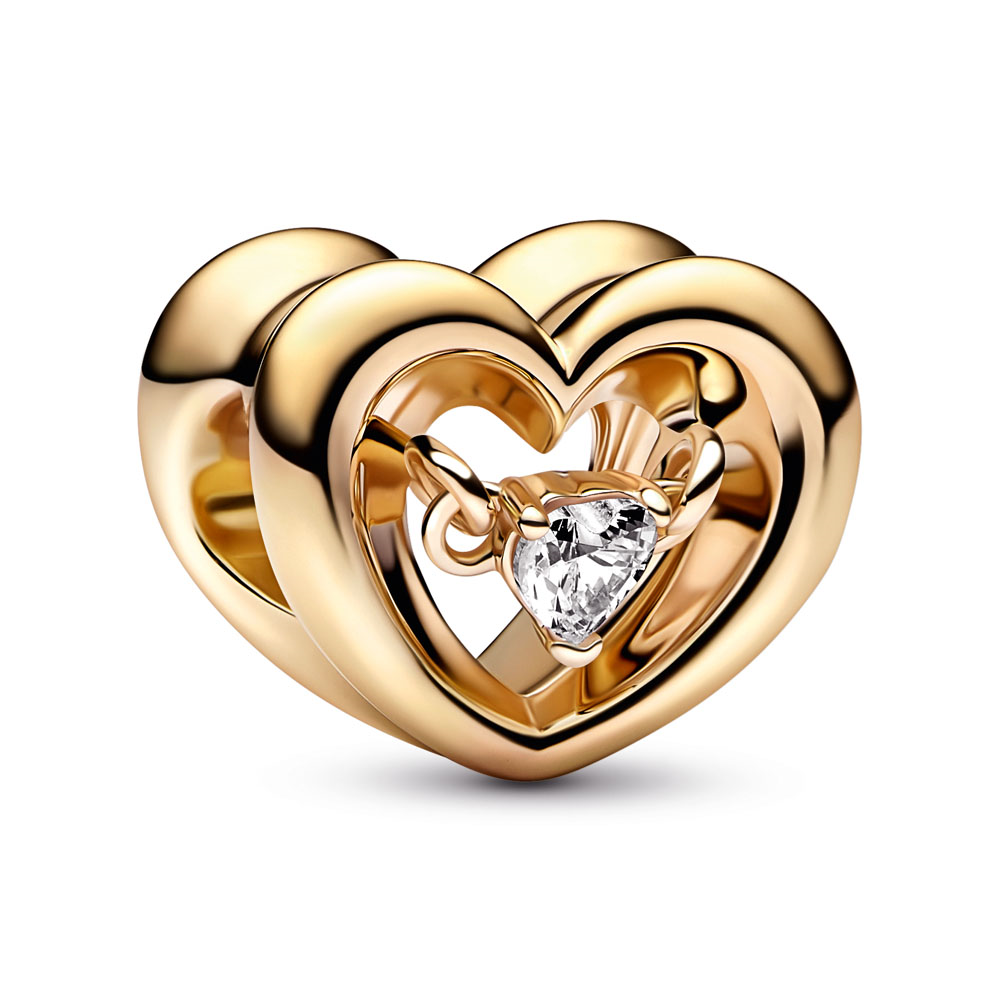 Open heart 14k gold-plated charm with clear cubic zirconia