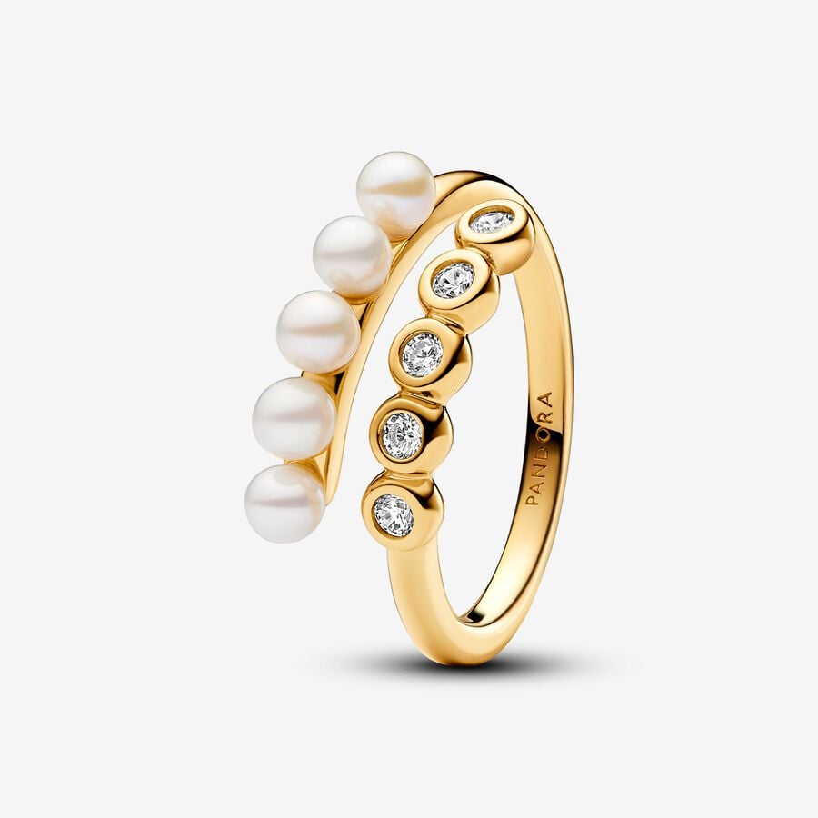 14k Gold-plated open ring with white treated freshwater cultured pearl and clear cubic zirconia