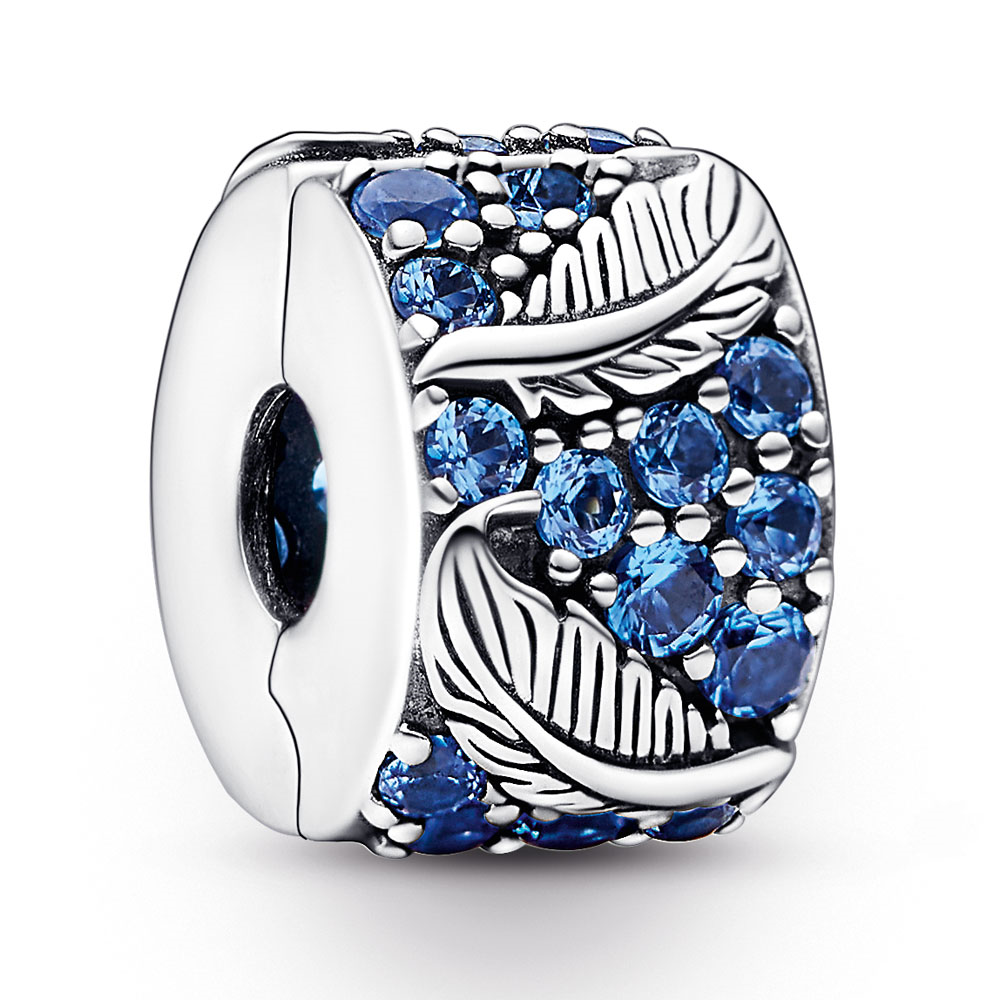 Feather sterling silver clip with night blue crystal