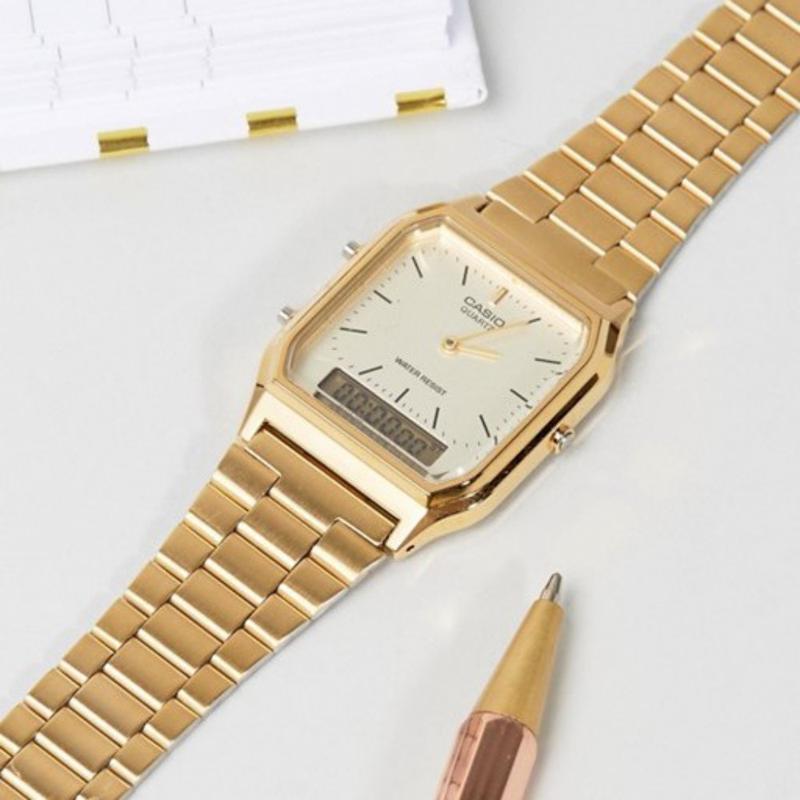 Casio AQ230GA-9D Men's Analog Digital Dual Time Gold Tone Metal Band Watch