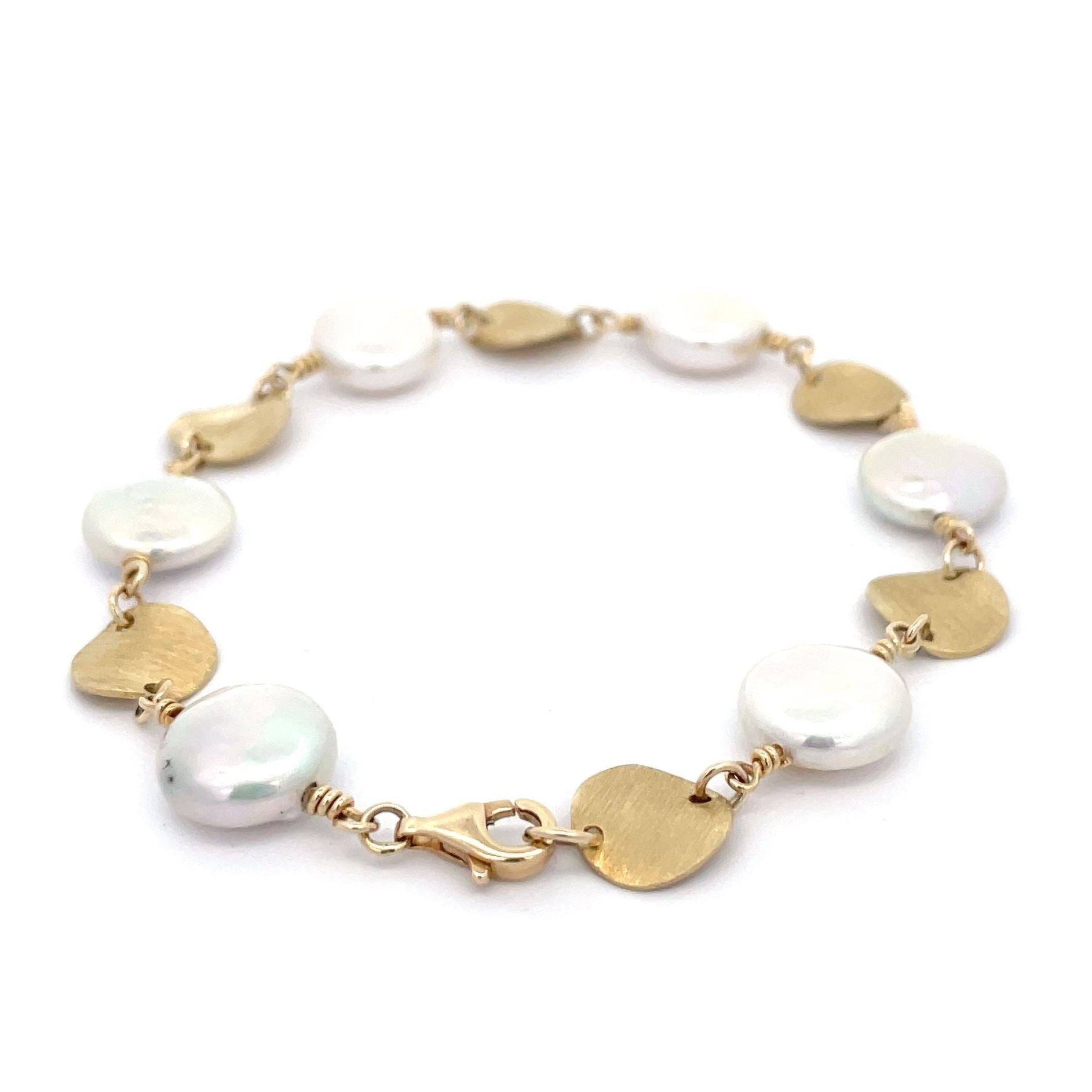 Pearl and Yellow Gold Brush Disc Bracelet