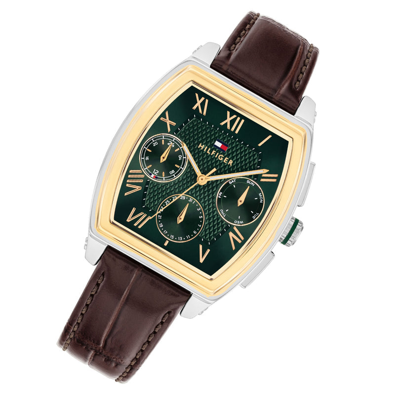 Tommy Hilfiger Dark Brown Leather Green Dial Multi-function Men's Watch