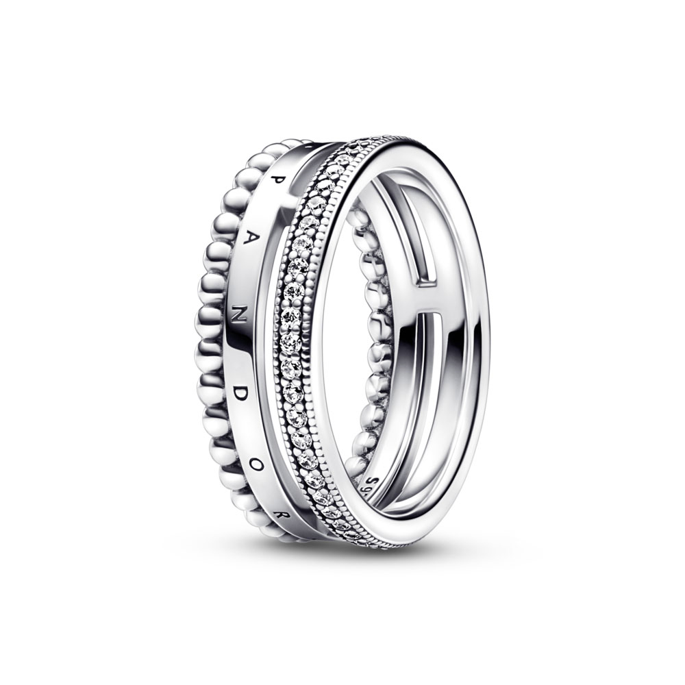 Pandora logo sterling silver ring with clear cubic zirconia