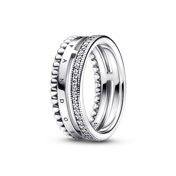 Pandora logo sterling silver ring with clear cubic zirconia