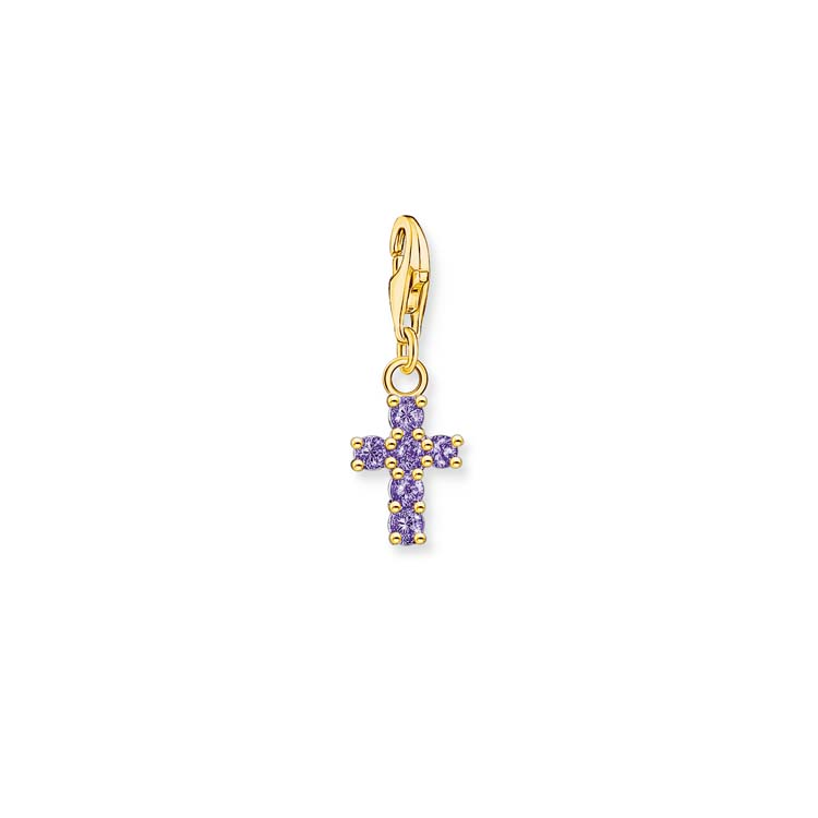 THOMAS SABO Gold Cross Charm Pendant with Amethyst-Coloured Stones