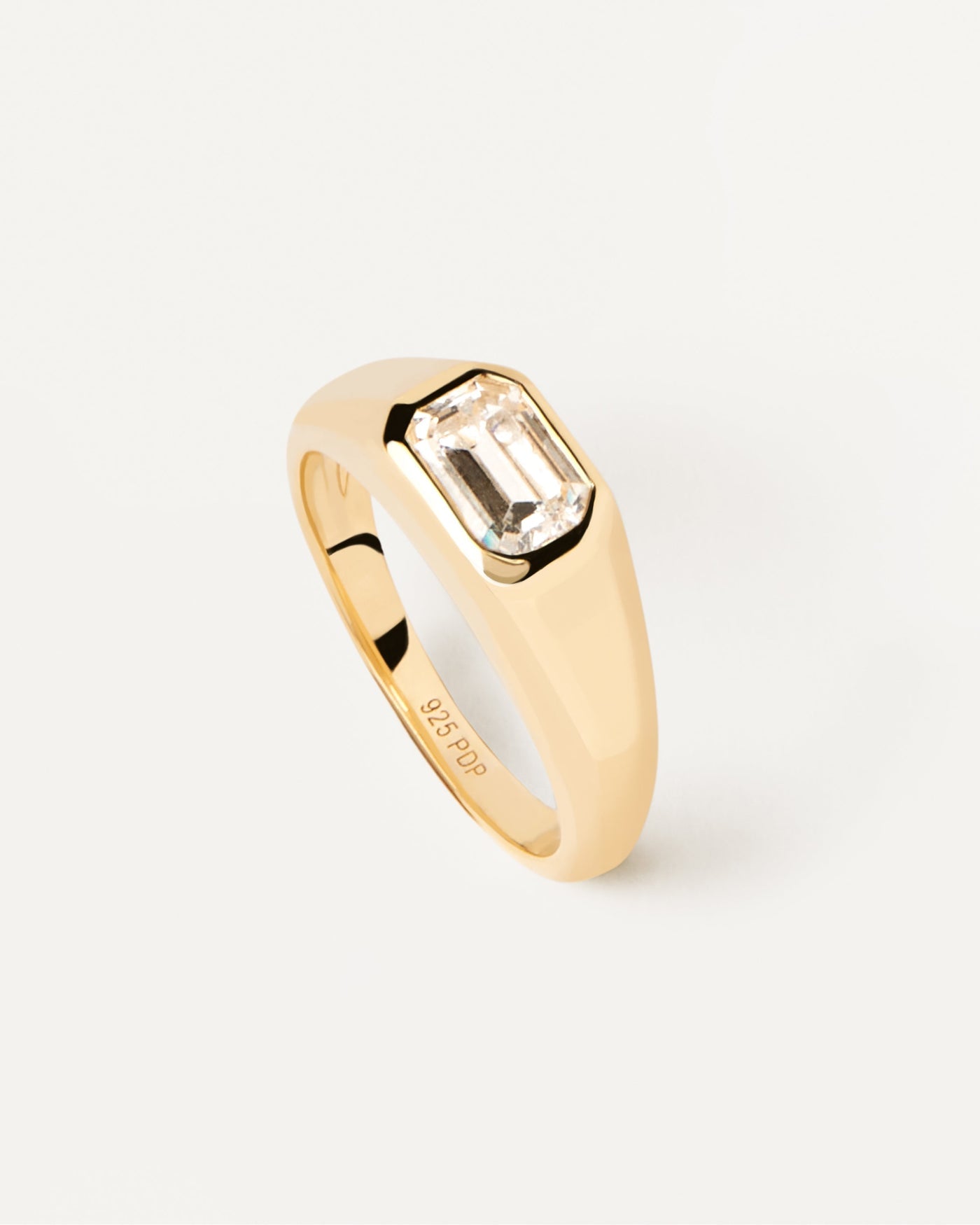 PDPAOLA Gold-Plated Silver Signet Ring With Rectangular White Zirconia