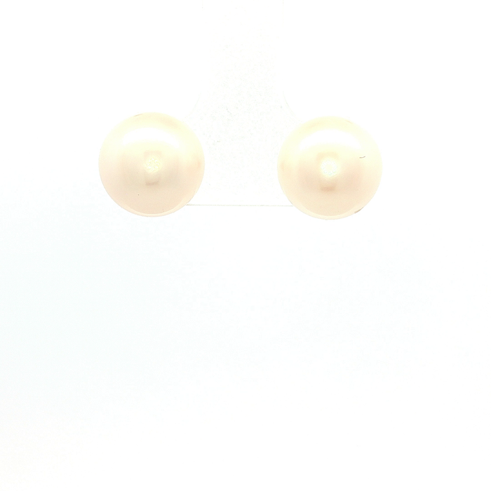 White Round Freshwater Pearl 10mm Earrings in Yellow Gold