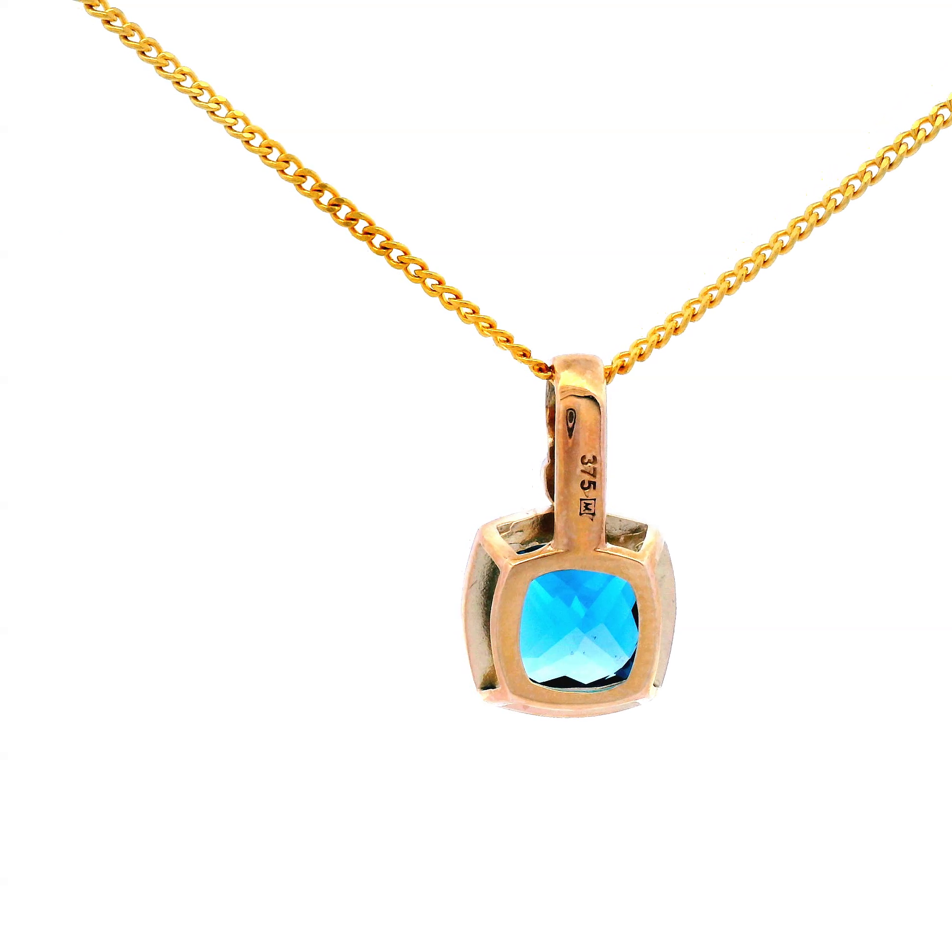 London Blue Square Checker Board Topaz and Diamond Pendant