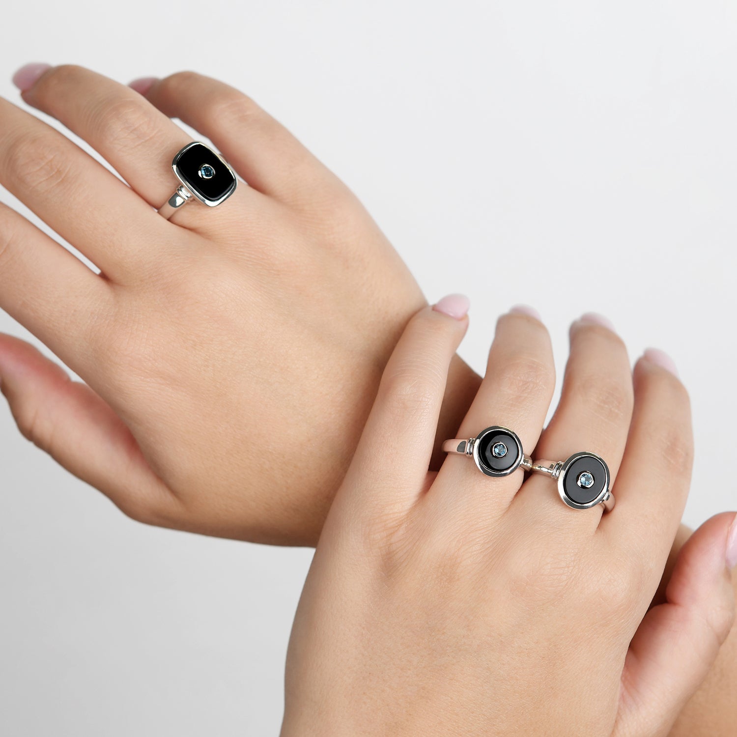 Sterling Silver 12mm Round Black Onyx and Blue Topaz Ring