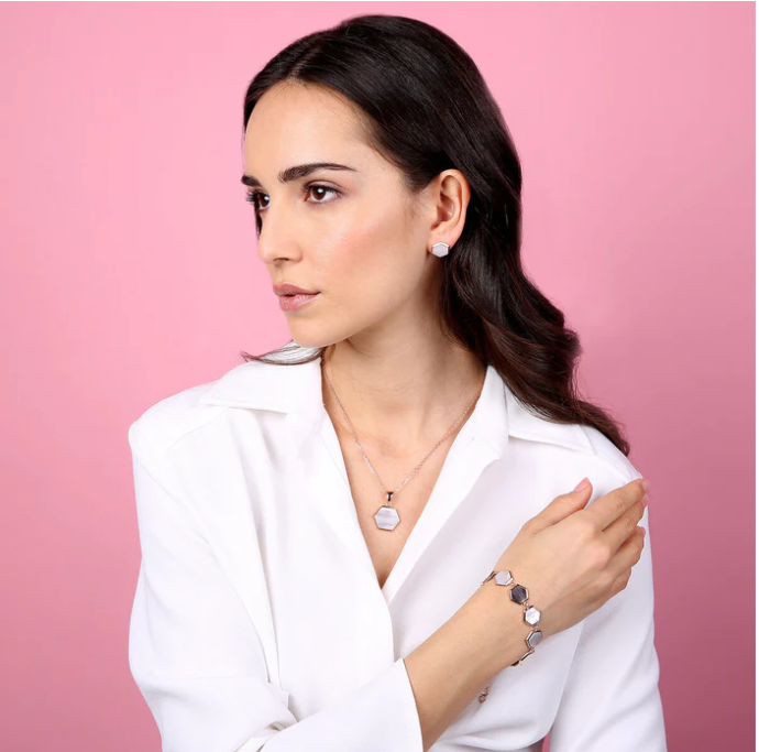 Bronzallure Alba Hexagonal Button Earrings White Mother of Pearl