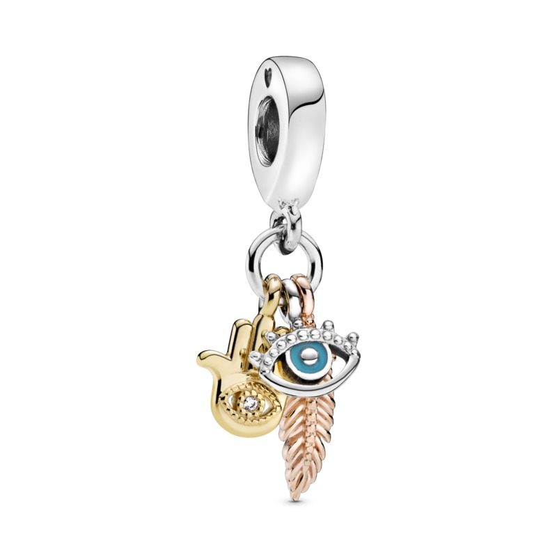 Hand, eye and feather sterling silver, Pandora Shine and Pandora Rose dangle with clear cubic zirconia and turquoise enamel