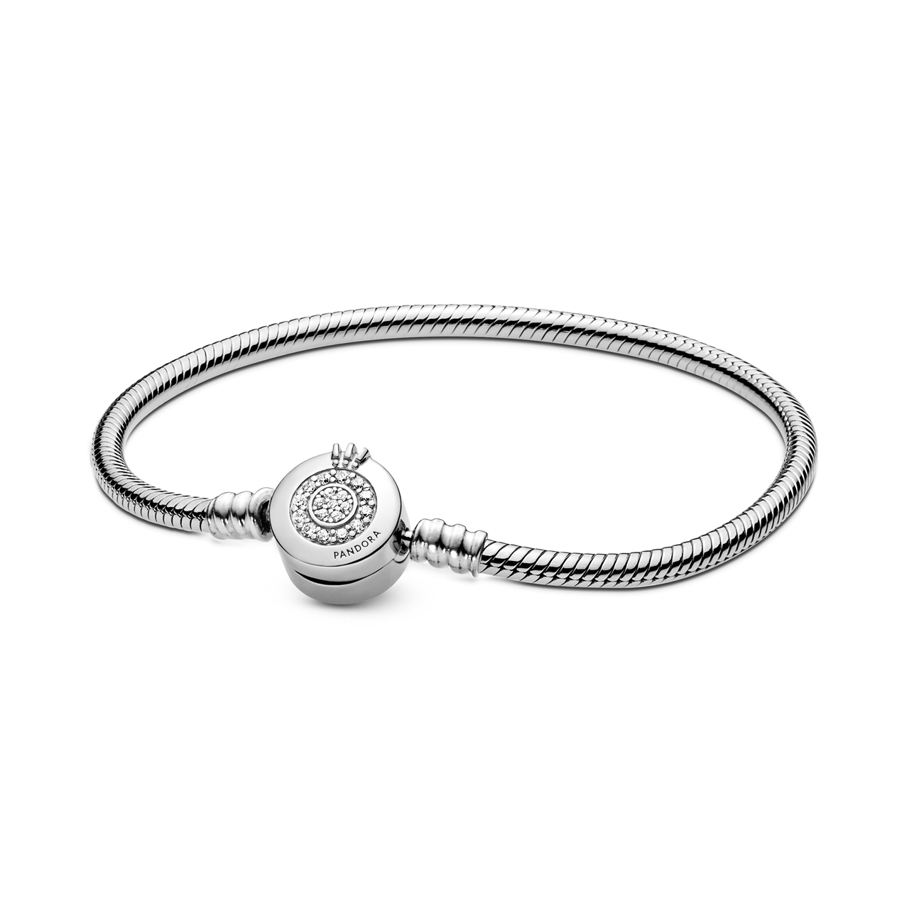 Pandora Snake Chain Silver Bracelet w Crown O Clasp w CZ