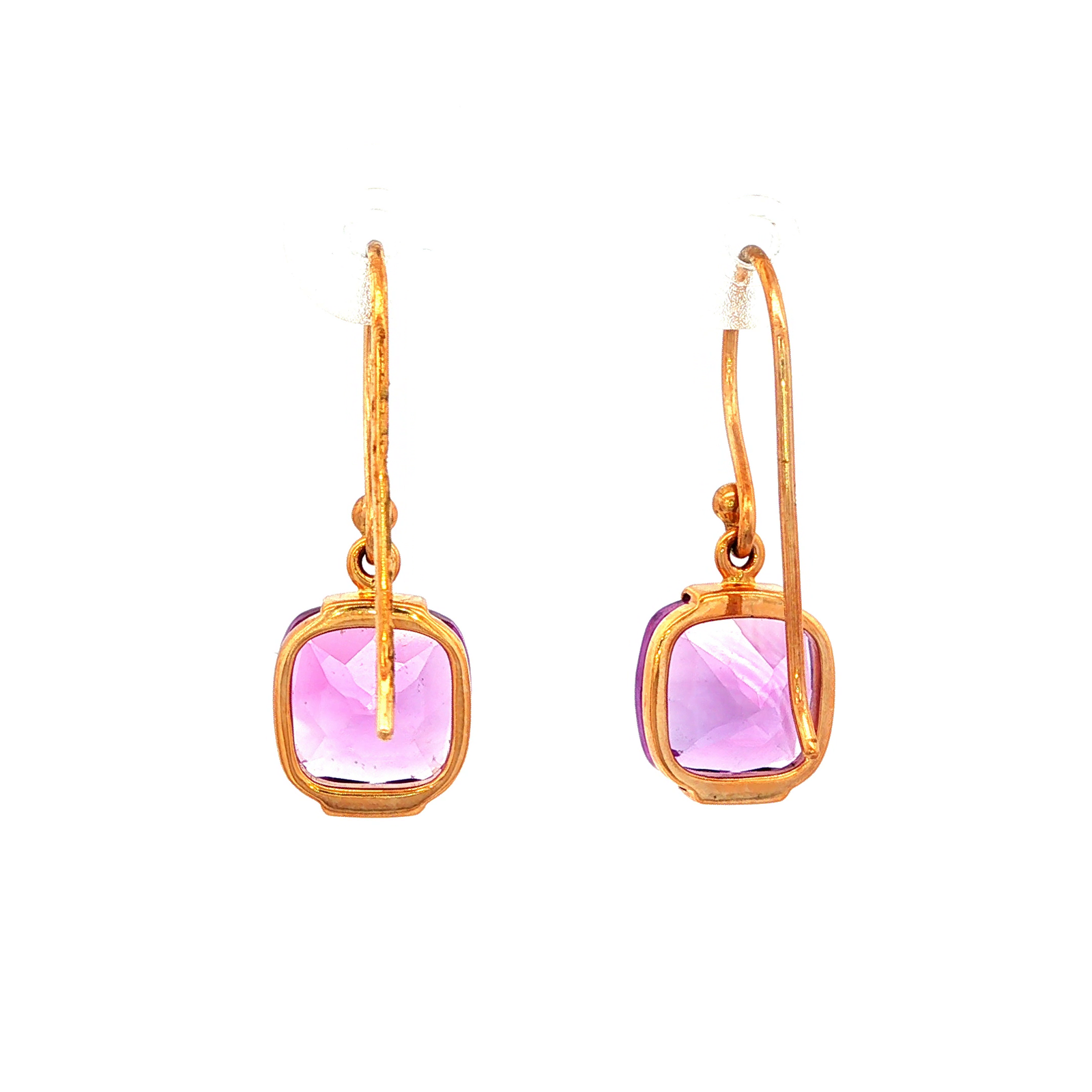Cushion Cut Purple Amethyst Earrings in Yellow Gold