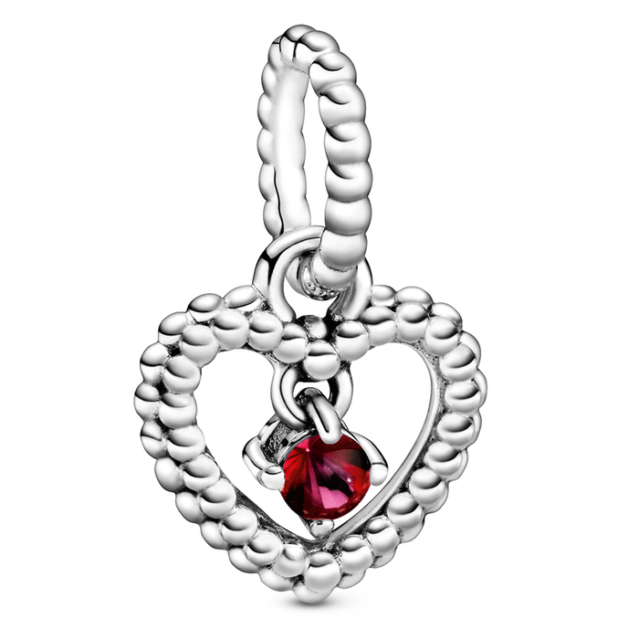 July Passionate Red Heart Silver Hanging Charm with Man-Made Red Crystal