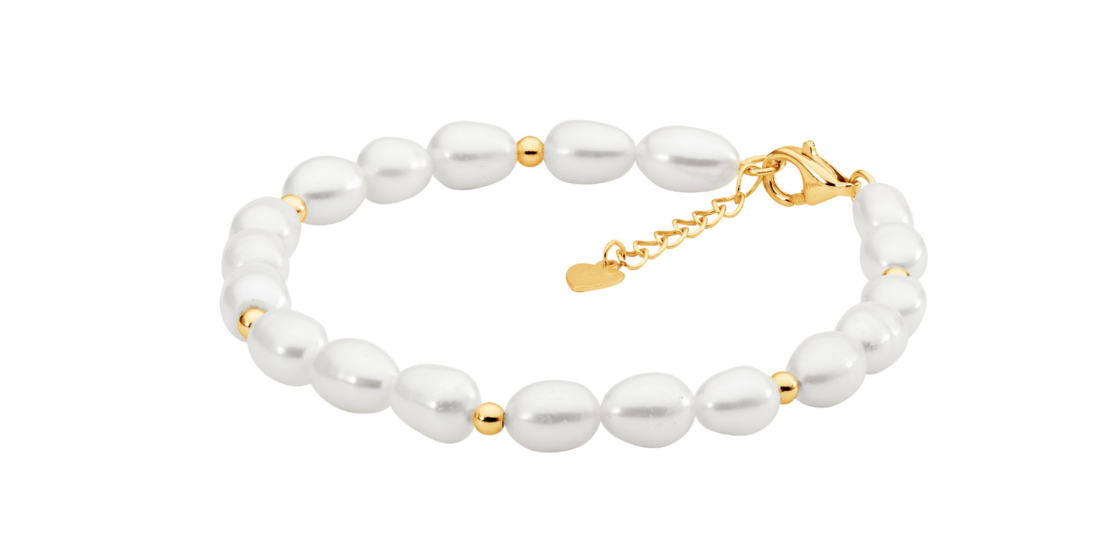 SS gold plated beads w/ freshwater pearl 17-18cm bracelet ext. chain