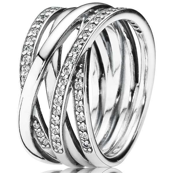 CROSSOVER STRANDS WIDE SILVER RING W CZ