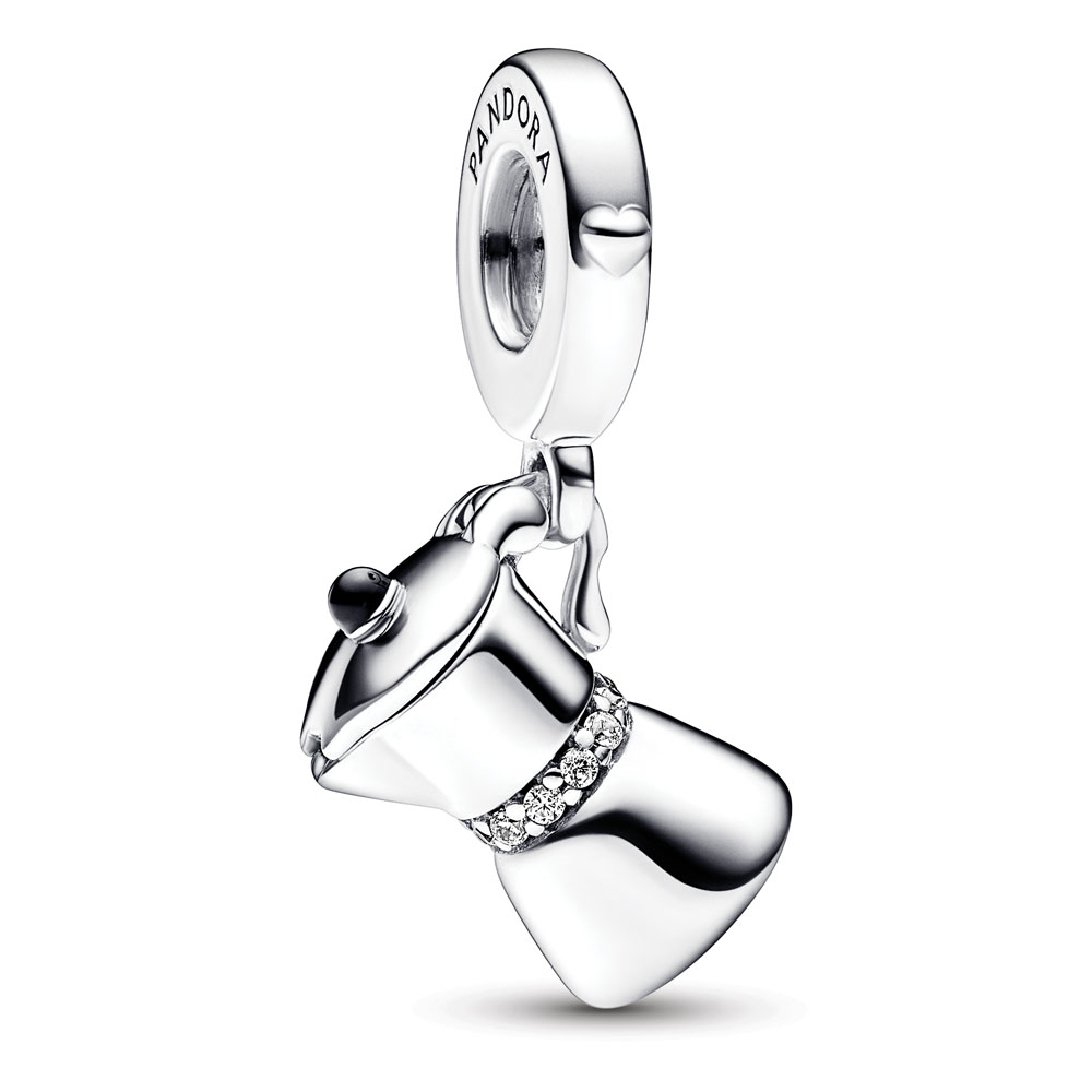 Moka pot sterling silver dangle with clear cubic zirconia and black enamel