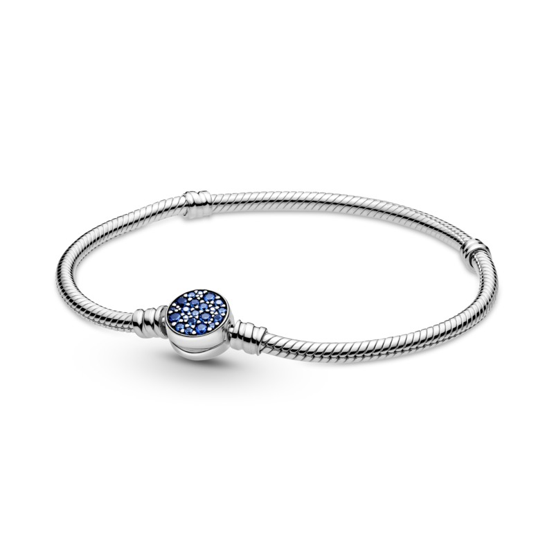Pandora Moments Sparkling Blue Disc Clasp Silver Snake Chain Bracelet w Blue Crystal
